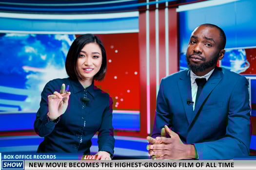 Reporters present new movie breaking charts, news report analysts talking about film bringing down box office records. Team of diverse journalists reading headlines, daily events. photo