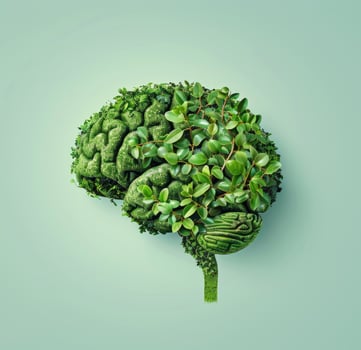 The human brain is made of green plants and foliage on a pastel light green background. Sustainability concept photo