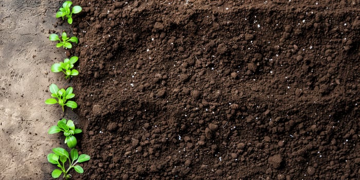 Plant sprouts in the ground, top view. Earth background. Seedlings in the soil. Regenerative and sustainable concept photo