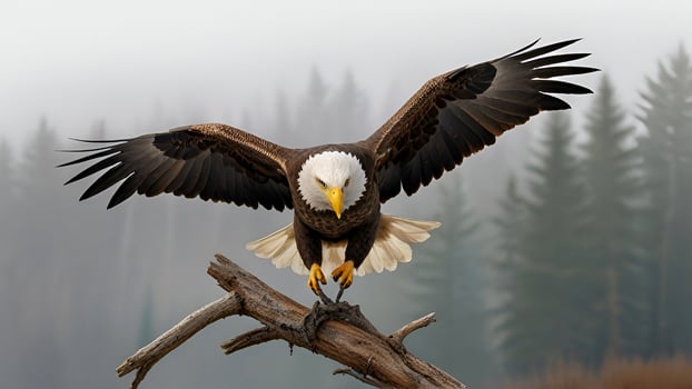 Eagle Landing on Rugged Tree Branch. photo