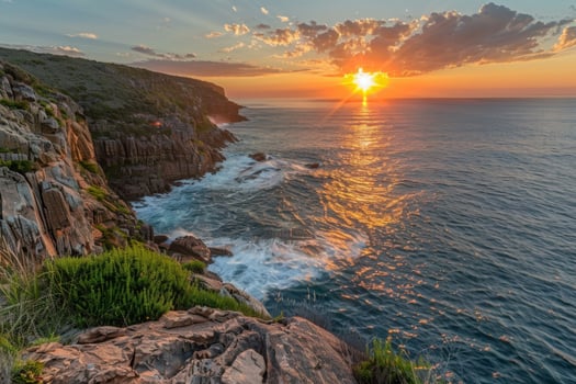Golden sunset reflecting on tranquil ocean horizon photo