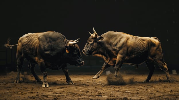 Two bulls stand facing each other photo