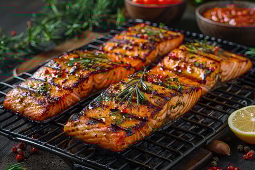 salmon grilled on a grill professional advertising food photography photo