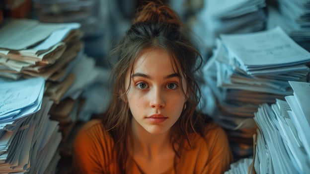 Young woman with messy hair and intense gaze, surrounded by towering piles of paperwork in a cluttered office, expressing stress and overwhelm. Perfect for themes of workplace pressure and anxiety. photo