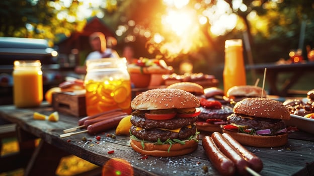 Delicious burgers and hot dogs on a wooden table, ready for a summer barbecue at golden hour photo