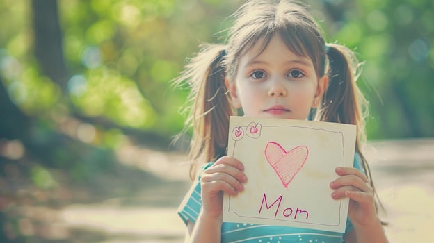 Little girl giving her hand writing greeting card to her mom. photo