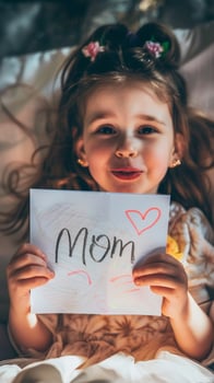 Little girl giving her hand writing greeting card to her mom. photo