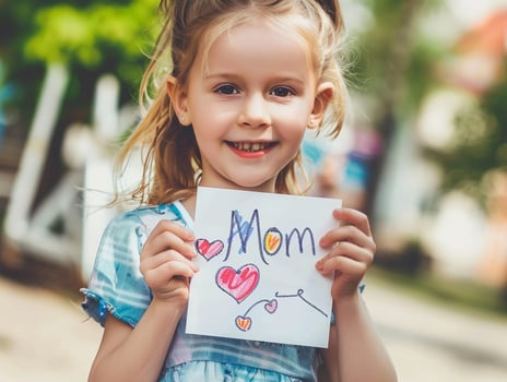 Little girl giving her hand writing greeting card to her mom. photo