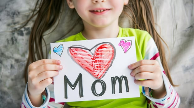Little girl giving her hand writing greeting card to her mom. photo
