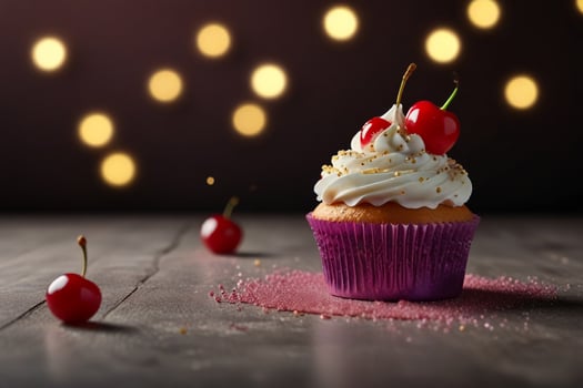 a cupcake with white frosting and cherries on a wooden table photo