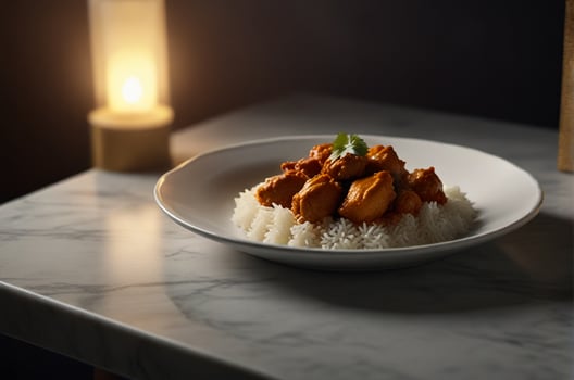 Traditional food Chicken masala with rice on a plate. photo