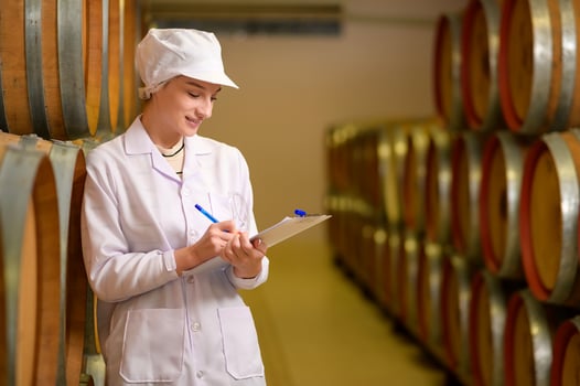 Professional winemaker controlling wine making process and quality at winery factory photo