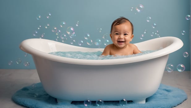 Cute baby bathing in the bath photo