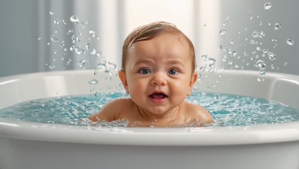 Cute baby bathing in the bath photo