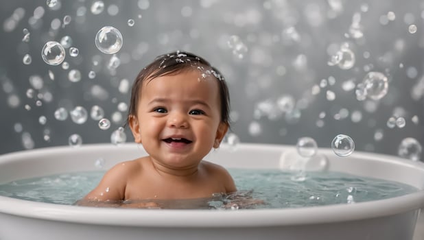 Cute baby bathing in the bath photo