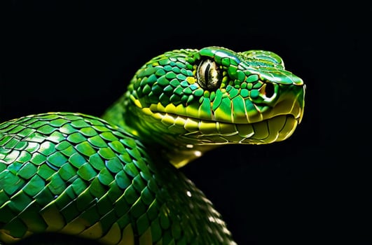 The head and body of a snake with a beautiful green skin texture on a black background. photo