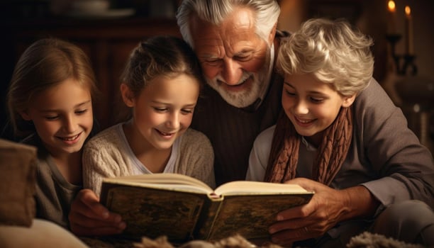 Grandparents reading stories to their grandchildren in a comfortable living room, highlighting the nurturing and educational aspects of family life photo
