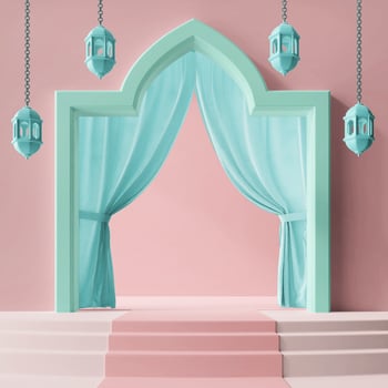 beautiful pink and green arabian islamic concept minimalist pastel color 3d rendering illustration concept podium product display background social media post ramadan eid mubarak theme photo