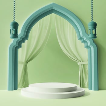 minimal modern arabic doorway podium product display concept 3d rendering illustration islamic ramadan eid al fitr theme instagram square post size photo