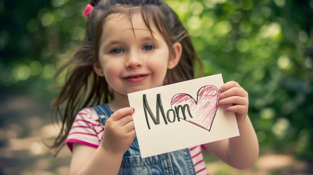 Little girl giving her hand writing greeting card to her mom. photo