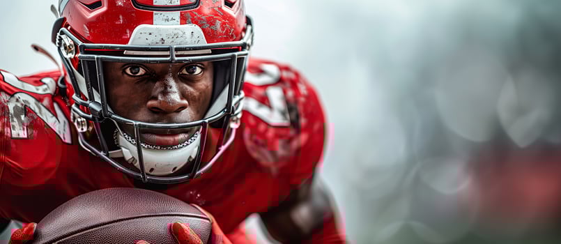 An American football player in a red uniform runs with a ball in his hands during a match. Place for the text on the right photo