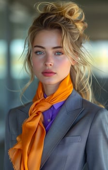 Portrait of beautiful young woman with serious look in gray business suit and bright orange scarf photo