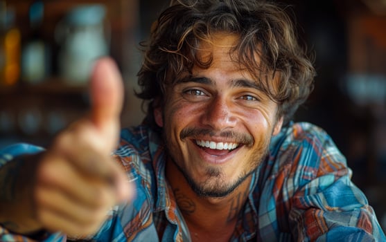 Portrait of young man with thumbs up. A man pointing at the camera photo