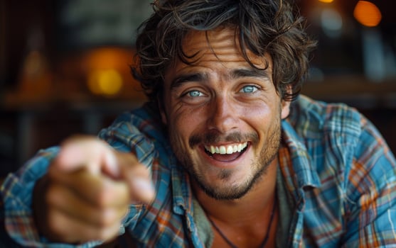 Portrait of cheerful young man pointing finger at camera photo