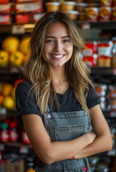 Portrait of beautiful saleswoman standing at supermarket with arms crossed photo