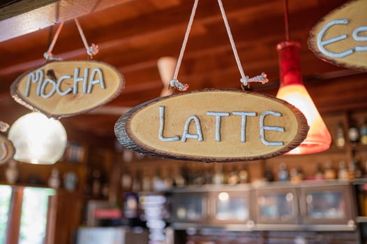 Wooden sign coffee menu with hanging on counter bar photo