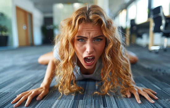 a woman wearing smart casual clothes having a tantrum on the floor in a bustling office photo