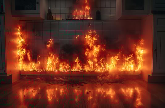 Fire in the kitchen. Photo of an electrical fire starting from the wires in home power strip