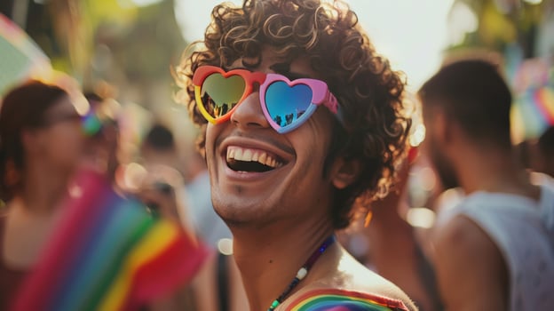 Joyful person with curly hair wearing heart shaped rainbow sunglasses celebrates at a Pride parade, symbolizing LGBT rights and diversity photo