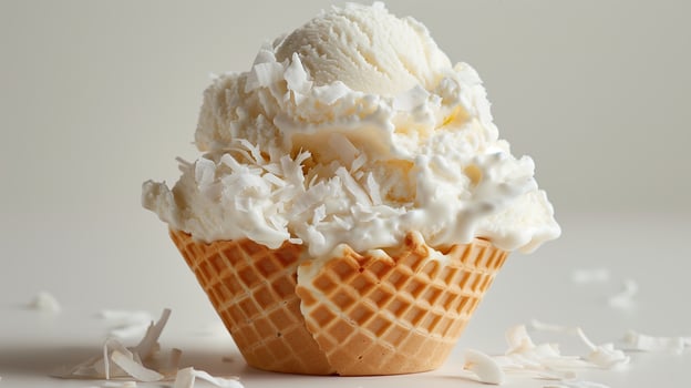 A white ice cream sundae in a waffle cup, topped with coconut flakes, on a plain white background. photo