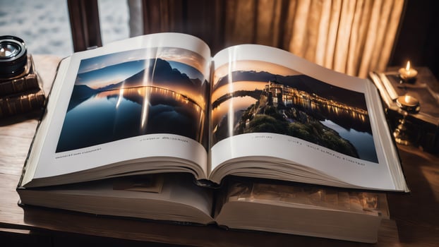 two open books on a table with a candle photo