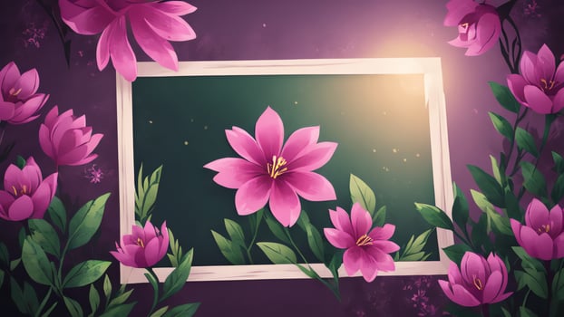 pink flowers and a frame on a purple background photo