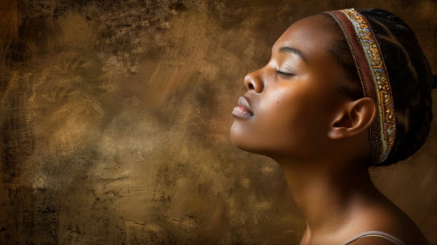 African Woman Meditating with Eyes Closed Against Textured Background photo