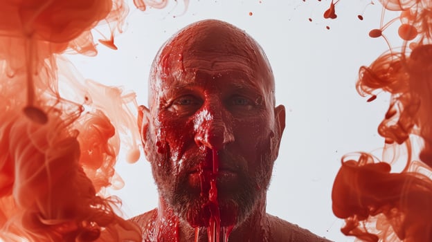 Intense Portrait of Bald Man with Red Liquid Splashes on Face photo