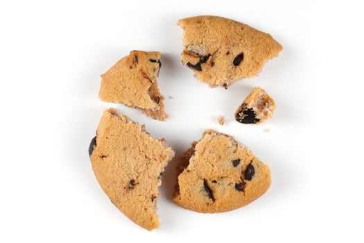 Single broken chocolate chip cookie isolated photo