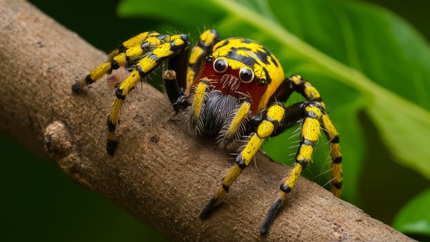 macro photography of a radioactive spider on a tree branch photo