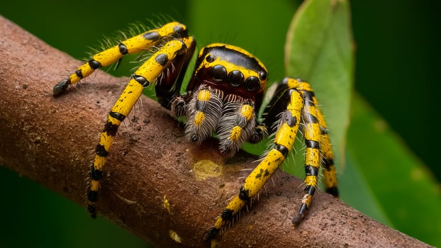 macro photography of a radioactive spider on a tree branch photo