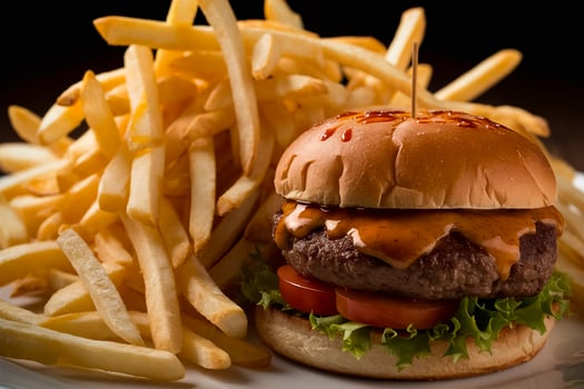 A plate of French fries and a Hamburger on a plate. photo