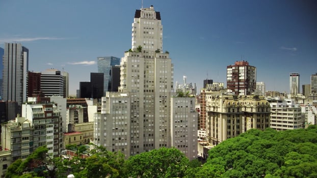 View from high above -like skyline of Buenos Aires, Plaza de Mayo. Aerial perspective capturing towering skyscrapers, bustling business district, and iconic landmarks. photo