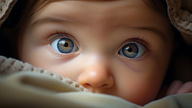 Close-up portrait of a newborn baby with bright, alert eyes, capturing the innocence and wonder of early life, ideal for parenting themes. photo