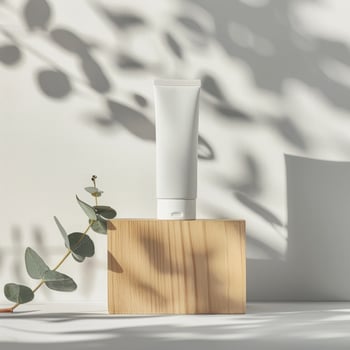 White cream bottle cosmetics packaging mockup, eucalyptus scene photo