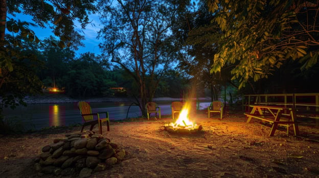 Peaceful riverside campsite illuminated by the flickering light of campfire photo