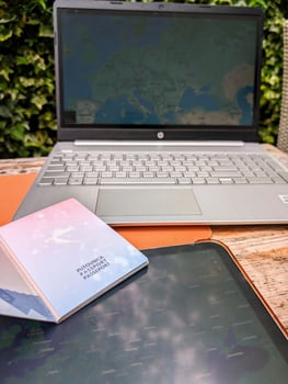 Passport, tablet, laptop and world map on wooden table, travel and adventure concept, background, copy space area photo