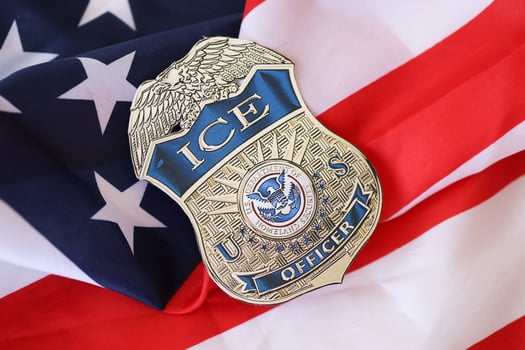 KYIV, UKRAINE - MARCH 9, 2024 US ICE Officer badge on United States of America flag photo