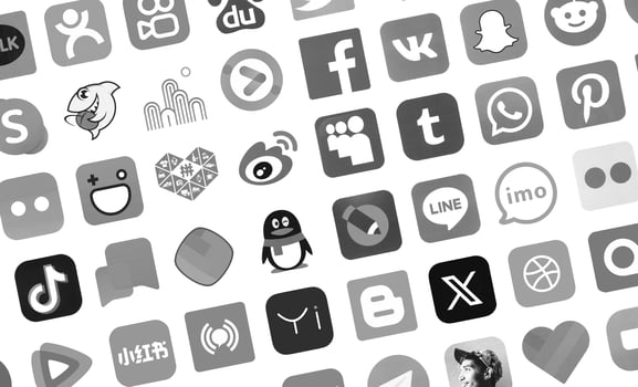 KYIV, UKRAINE - APRIL 1, 2024 Many icons of social media, messengers, sharing platforms photo