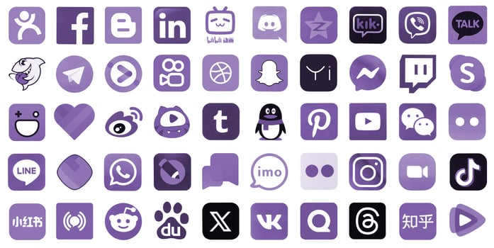 KYIV, UKRAINE - APRIL 1, 2024 Many icons of social media, messengers, sharing platforms photo